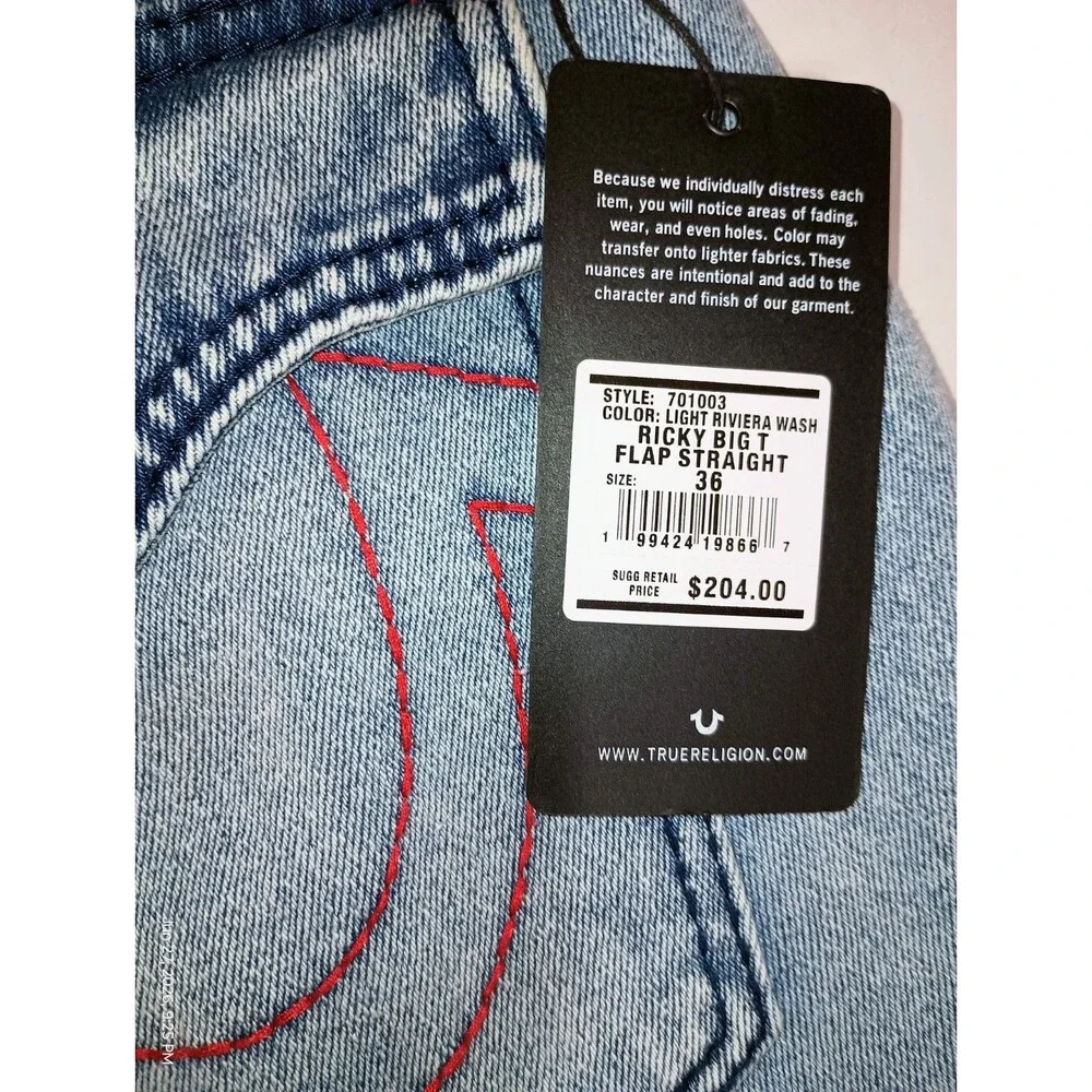 TRUE  RELIGION Light Wash Denim Cotton Relaxed Straight Flap Jeans (XP0053) NEW